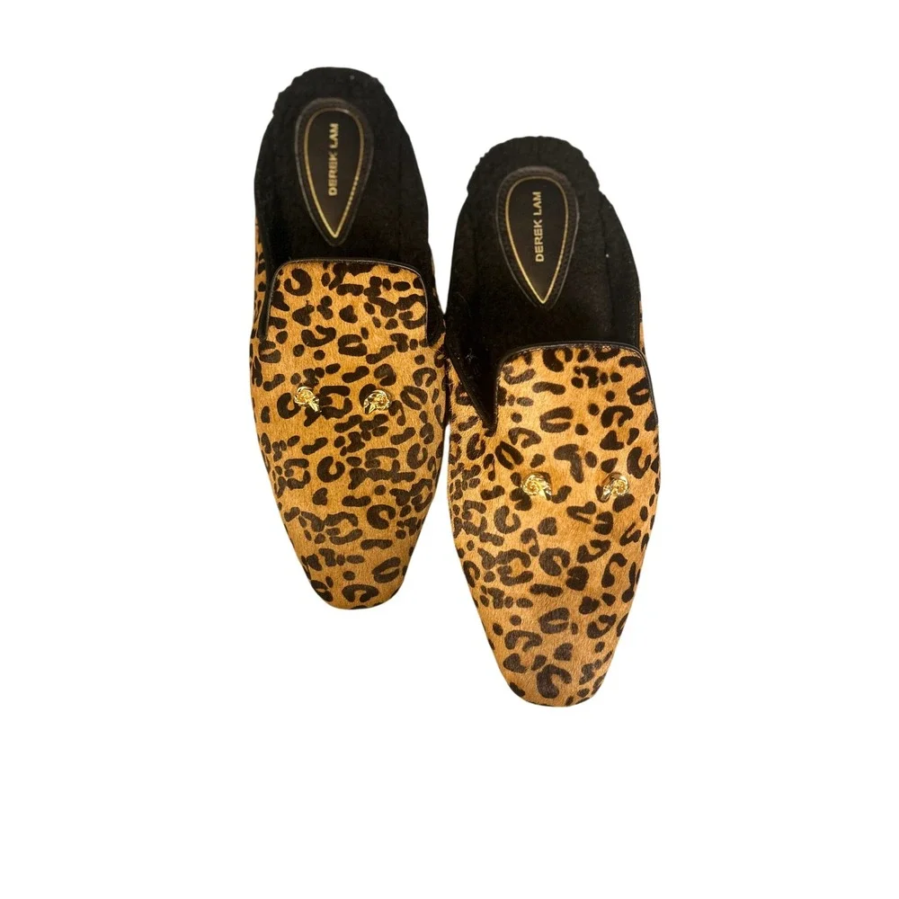 Derek Lam Leopard Calf Hair Shearling Lined Mules Gold Ram Head‎ Loafers
